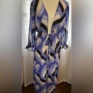 Cato Blue and Black geometric Patterned Swim Coverup or kimono-H